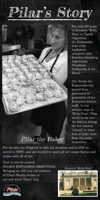 Black and white photo: baker Pilar holding tray of empanadas. Text details her story in 