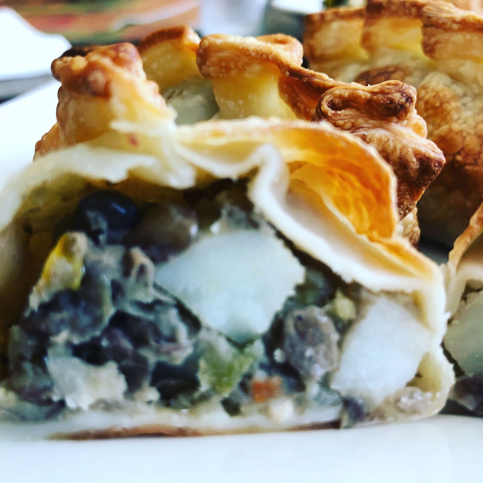 Close-up of a savory empanada, golden crust revealing a filling of black beans, potatoes, and vegetables.