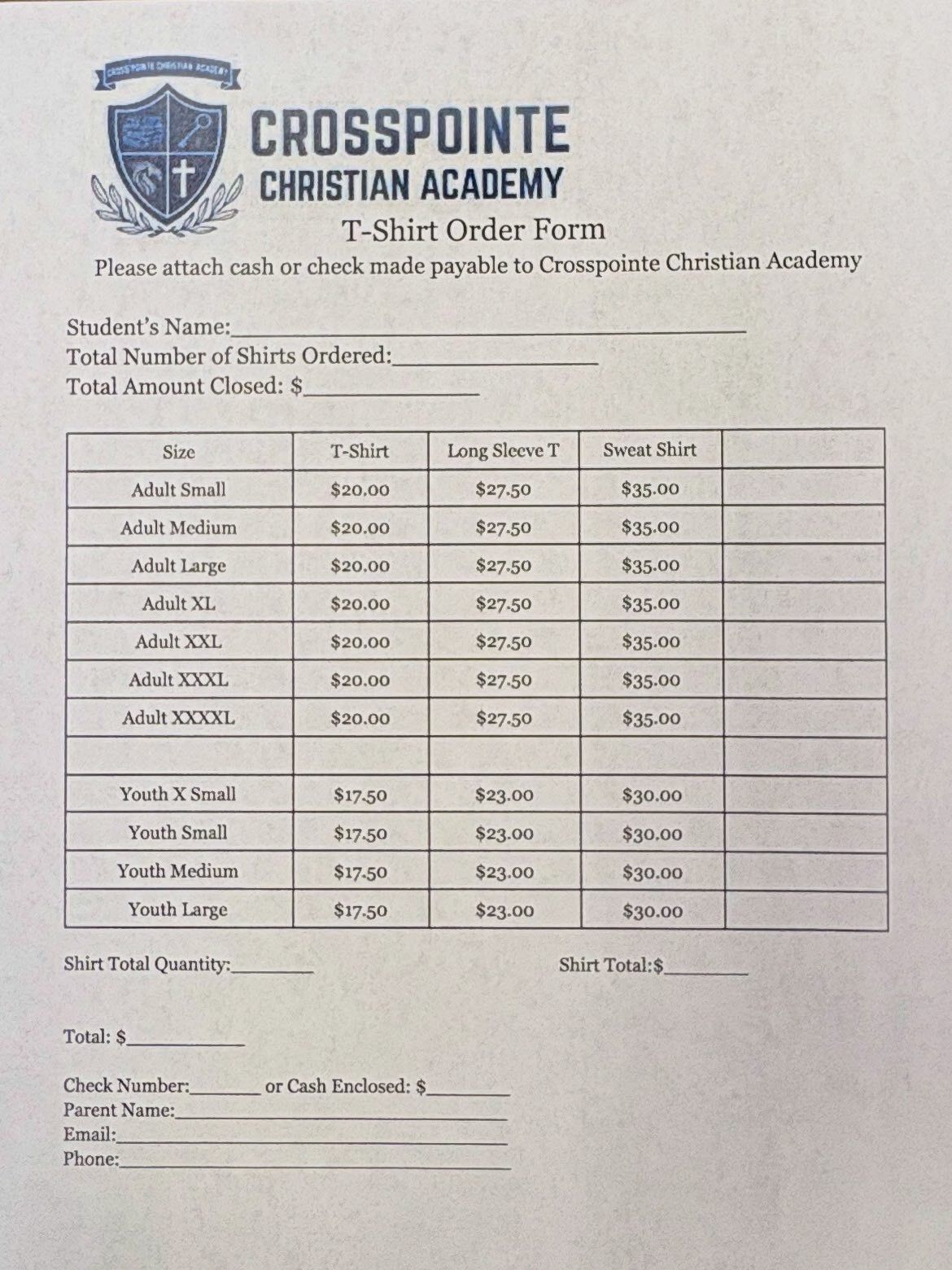 T-shirt order form for Crosspointe Christian Academy with size and price options. Includes logo and contact info.