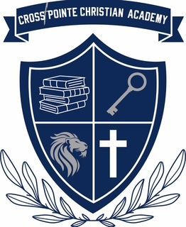 Crosspointe Christian Academy emblem: shield with books, key, lion, and cross.