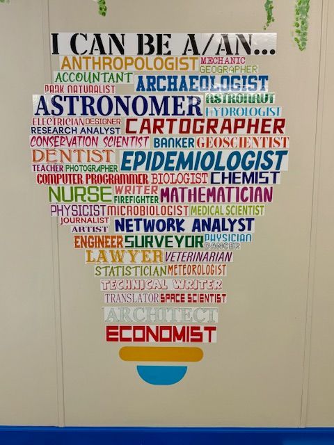 Light bulb graphic with text listing various careers like astronomer, epidemiologist, and economist.