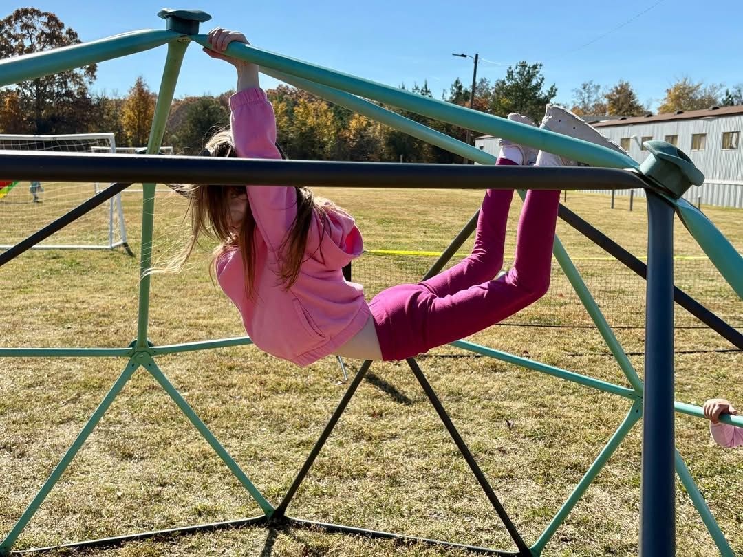 Girl in pink hanging upside down on a green jungle gym at a playground.