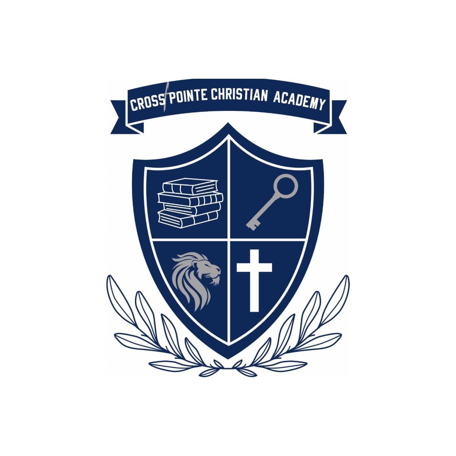 Crosspointe Christian Academy emblem: shield with books, key, lion, and cross.