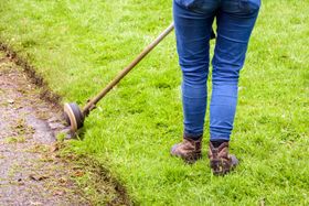 Person using a string trimmer to edge a grassy lawn beside a sidewalk Person using a string trimmer to edge a grassy lawn beside a sidewalk