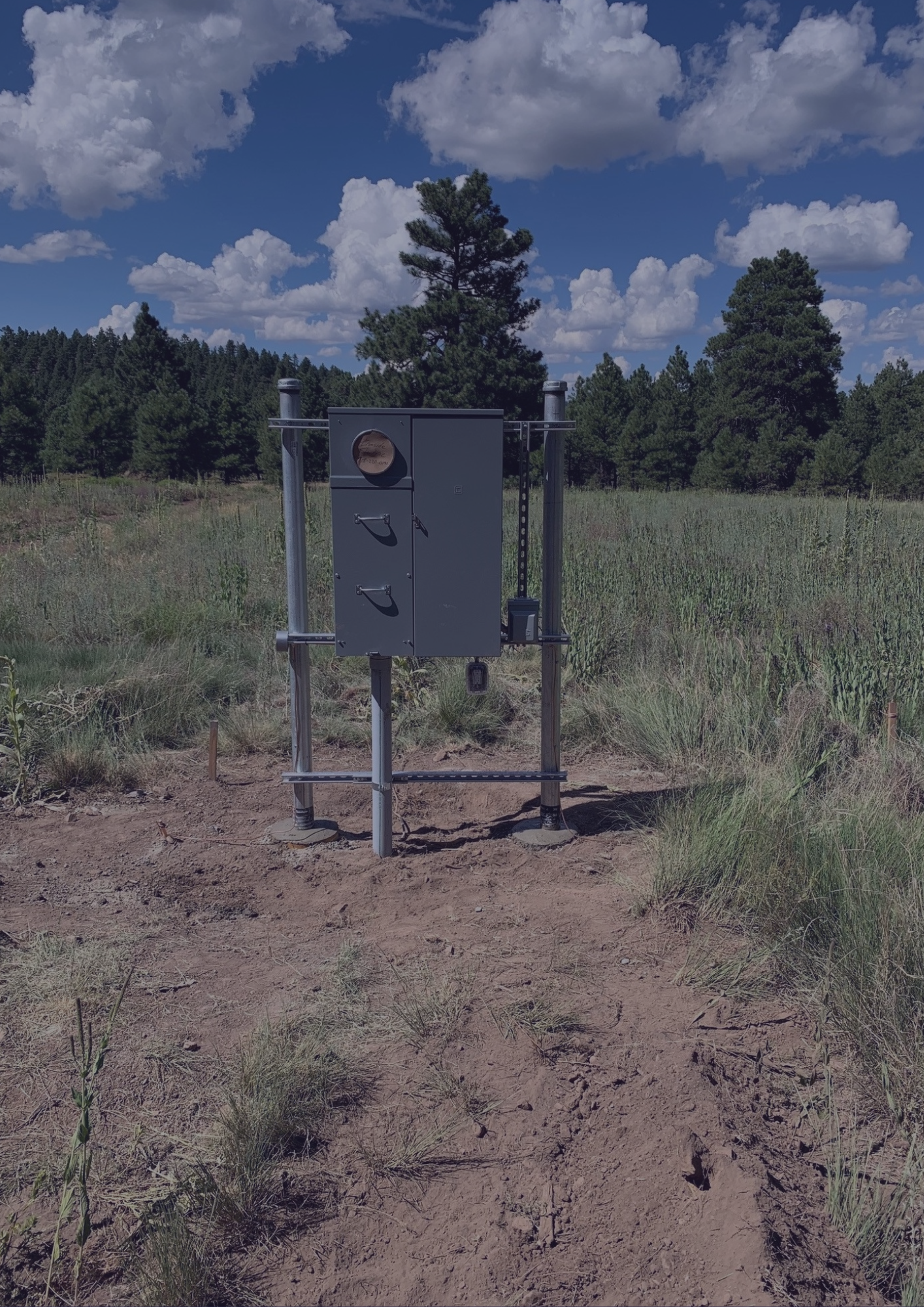 A metal box in the middle of a field with trees in the background