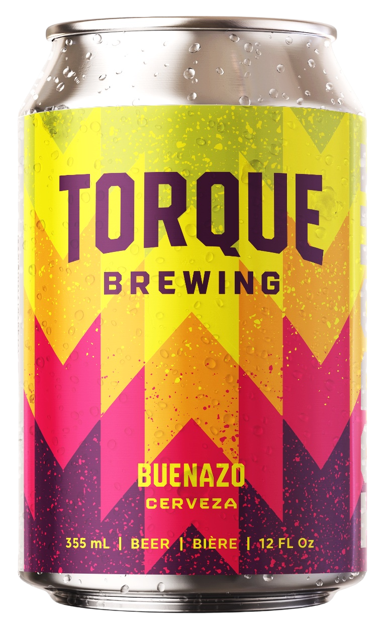 A can of torque brewing buenazo cerveza on a white background