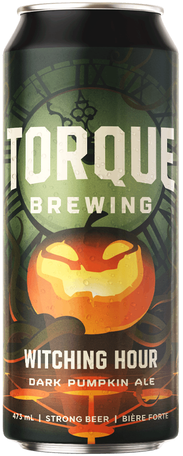 A can of torque brewing witching hour dark pumpkin ale