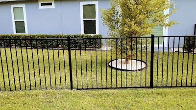 Black metal fence surrounds green lawn and a tree in front of a blue house.