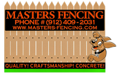 Masters Fencing sign with brown fence, text, and cartoon dogs peeking over the top and bottom. Phone number listed.