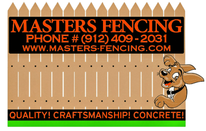 Masters Fencing sign with brown fence, text, and cartoon dogs peeking over the top and bottom. Phone number listed.