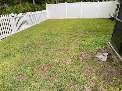 Lawn surrounded by white fences. Green grass with some brown patches.