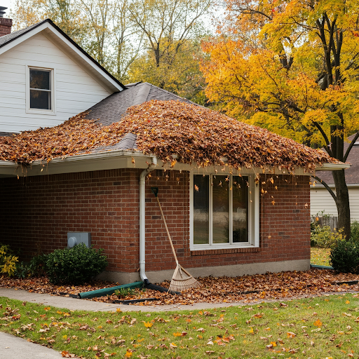 A home surrounded by fall foliage, with a pile of leaves visible under the gutters. The gutters are partially clogged with leaves, and a rake leans against the house. The scene suggests the importance of preparing for seasonal drainage.