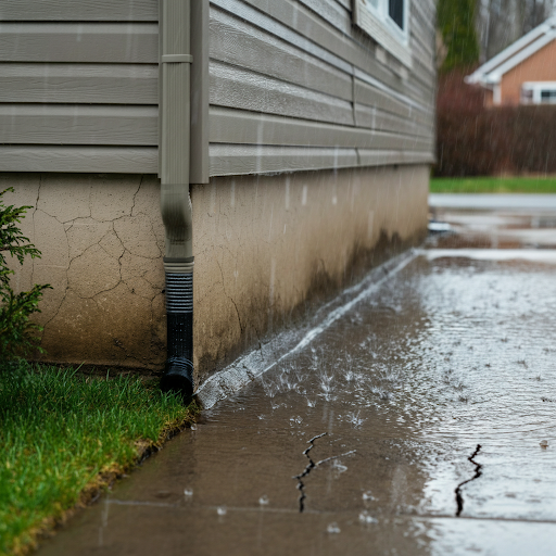 A house with water pooling near the foundation after a spring rain. The gutters are actively channeling rainwater, and the ground is damp. A cracked driveway or visible foundation lines subtly indicate potential water damage concerns.