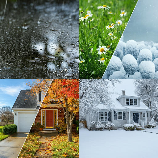 A collage-style image featuring small sections of homes in each season—spring rain pooling, summer greenery, fall leaves, and winter snow. Each section transitions seamlessly to the next, emphasizing year-round inspection insights.