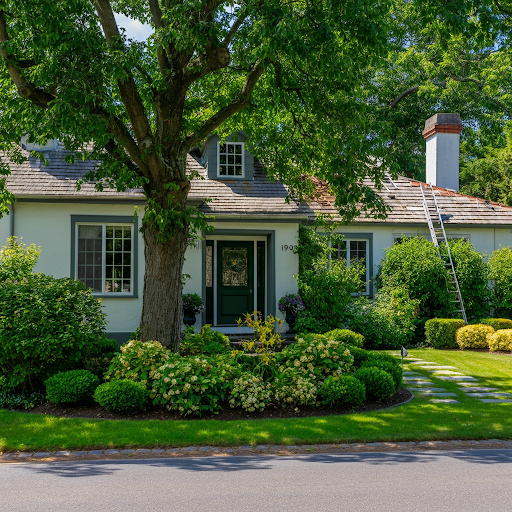 A brightly lit exterior of a home with lush landscaping, clear blue skies, and a tree casting shade on the house. A ladder leans against the house near the roofline, symbolizing a thorough summer inspection of the roof and siding.