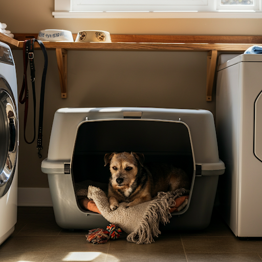 Dog lying in a crate in a tidy laundry room with a blanket and chew toy.