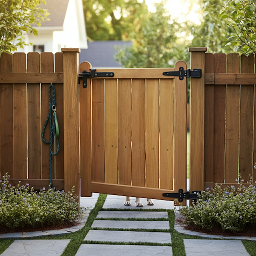 Dog looking out through a slightly open backyard gate with a leash on the fence post.