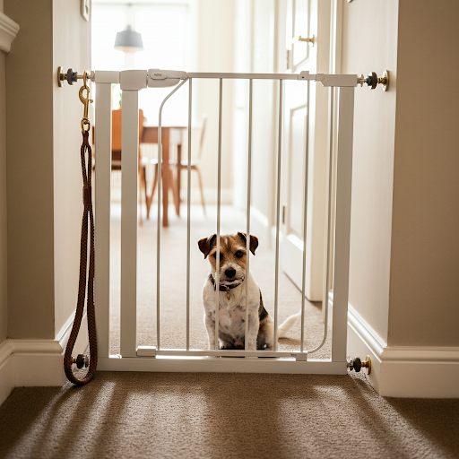 Small dog sitting behind a baby gate in a hallway with a leash on a nearby hook.