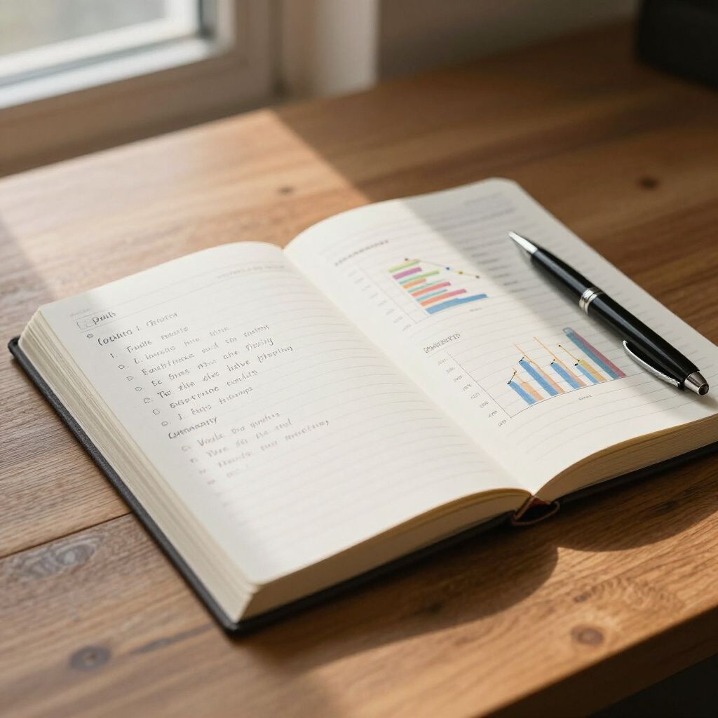 Open notebook on wooden desk with pen and colorful charts near a window