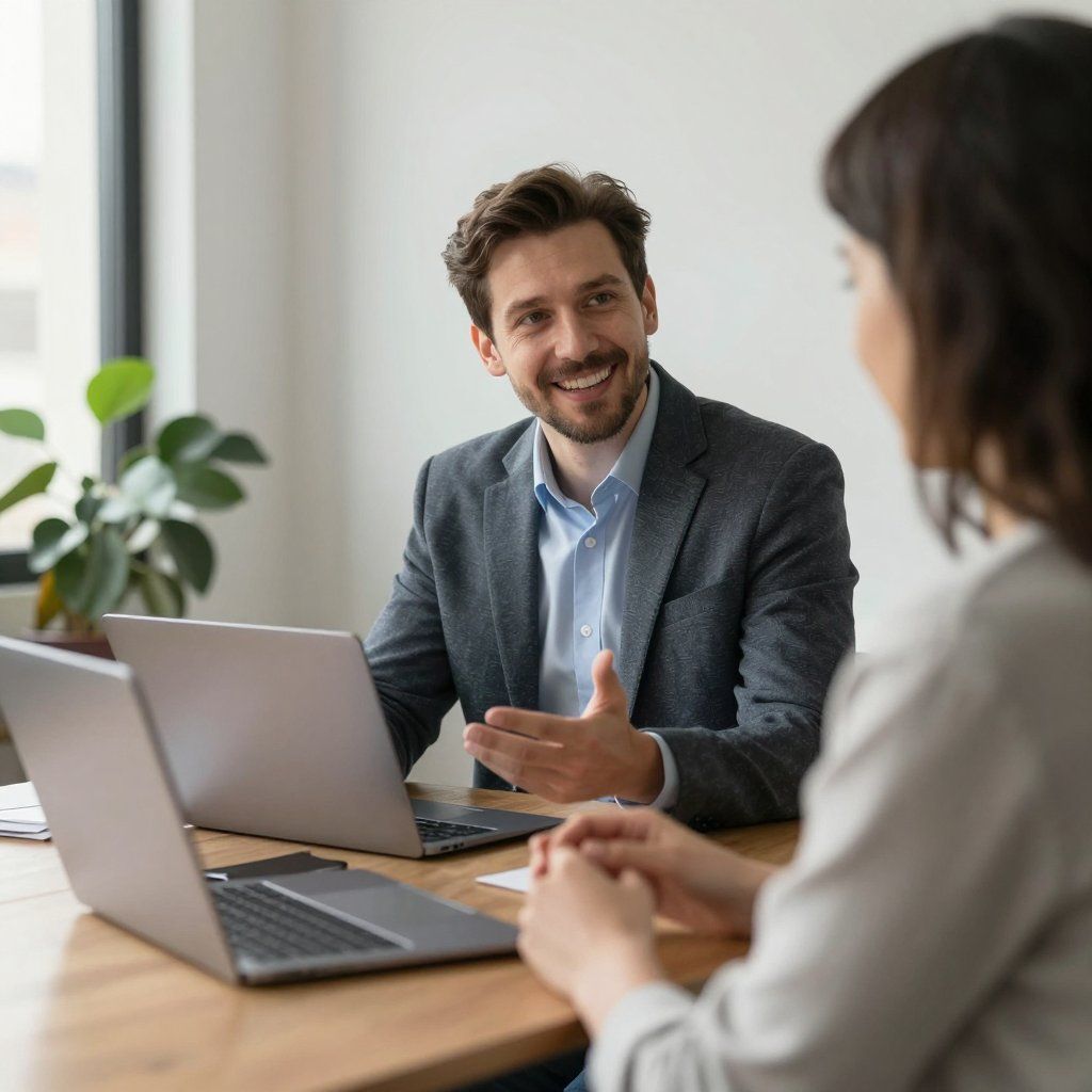 Two coworkers in a bright office meeting, one smiling and gesturing across a laptop