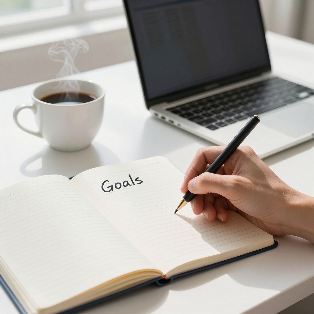 Hand writing “Goals” in a notebook beside coffee and a laptop on a bright desk