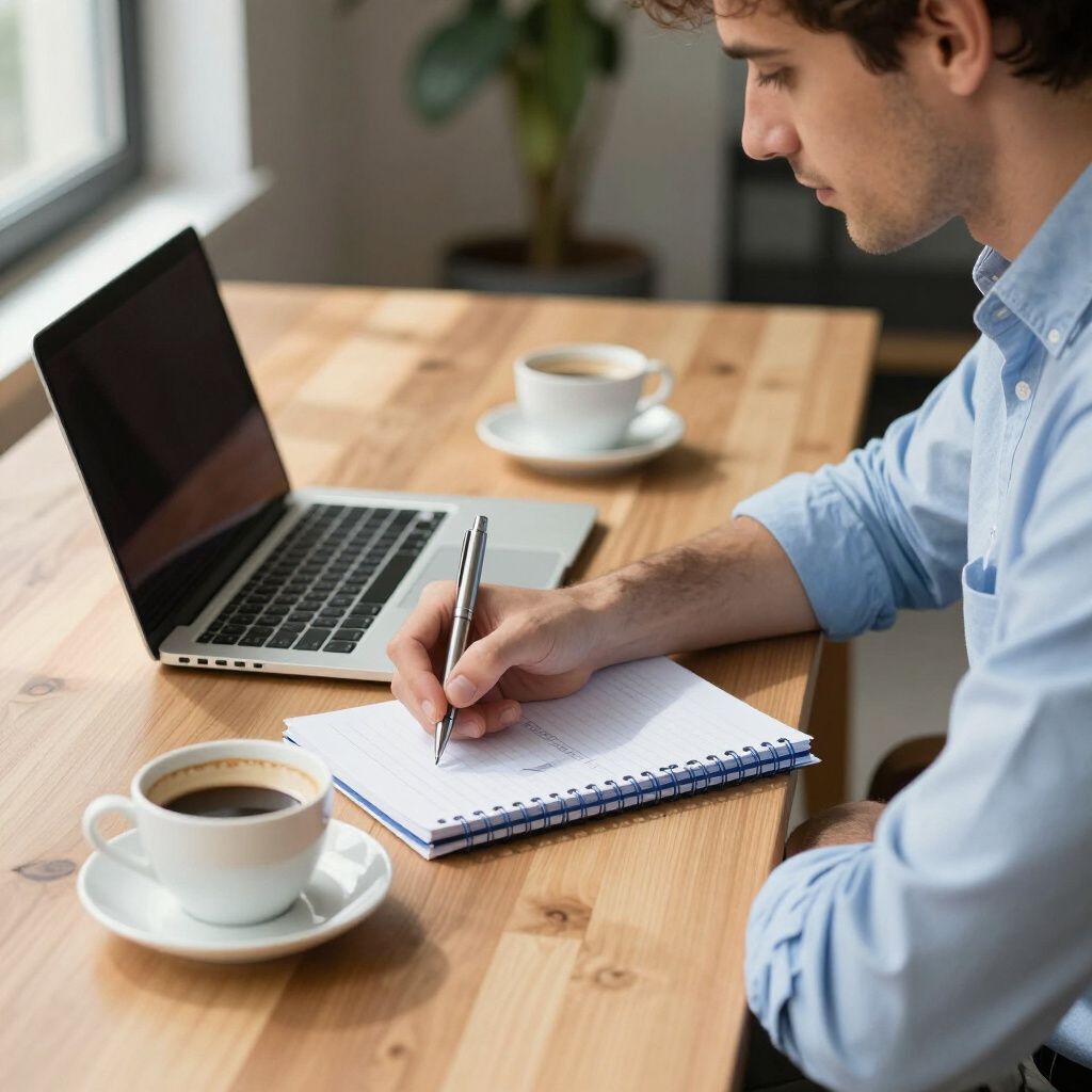 Man writing in a notebook beside a laptop and coffee cups at a wooden table