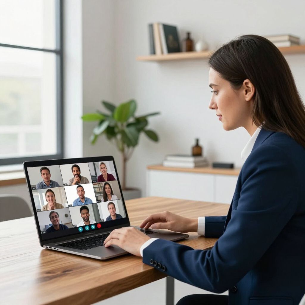 Woman in navy blazer using a laptop on a video call in a bright home office