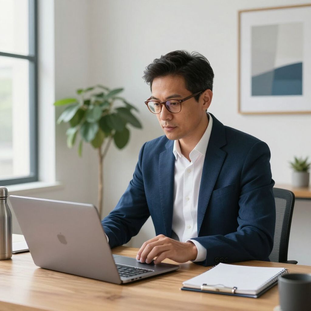 Man in a navy blazer working on a laptop at a desk in a bright office