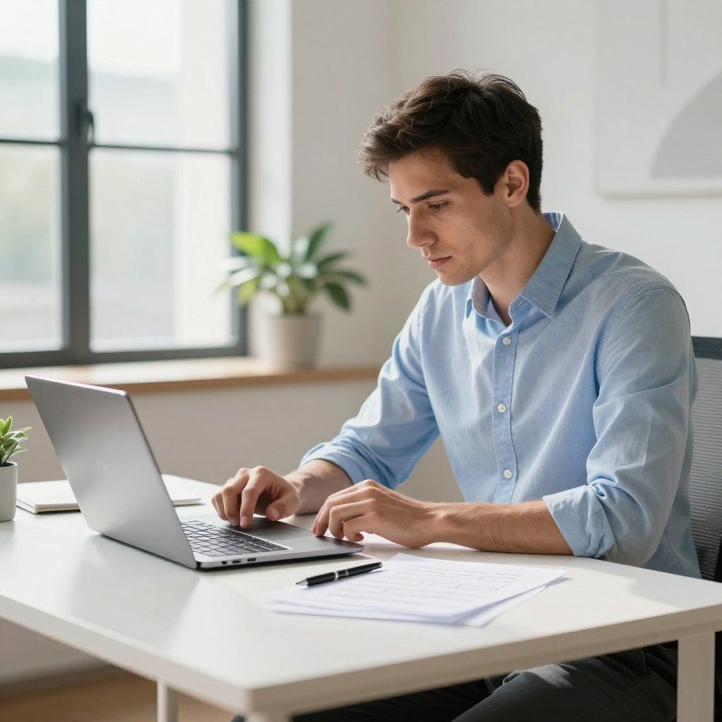 Person working on a laptop at a bright desk beside a window, with papers and a pen nearby
