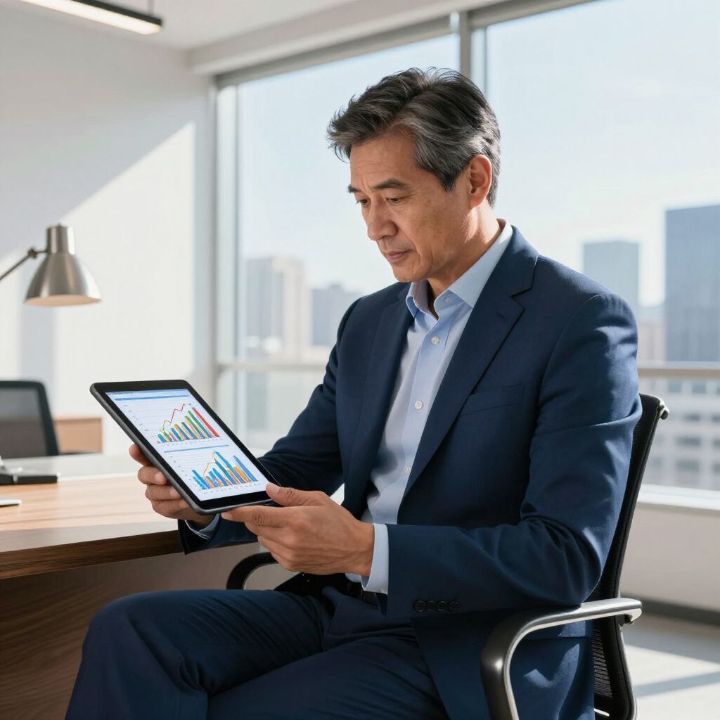 Businessman reviewing charts on a tablet in a bright office