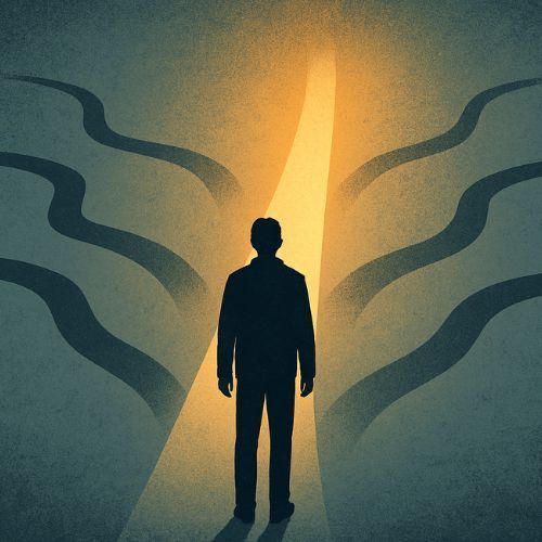 Silhouetted person walking through a glowing yellow tunnel with dark, wavy walls