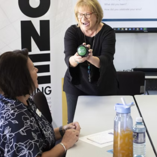 Woman in black presenting a green object to a seated woman at a meeting table in a classroom.