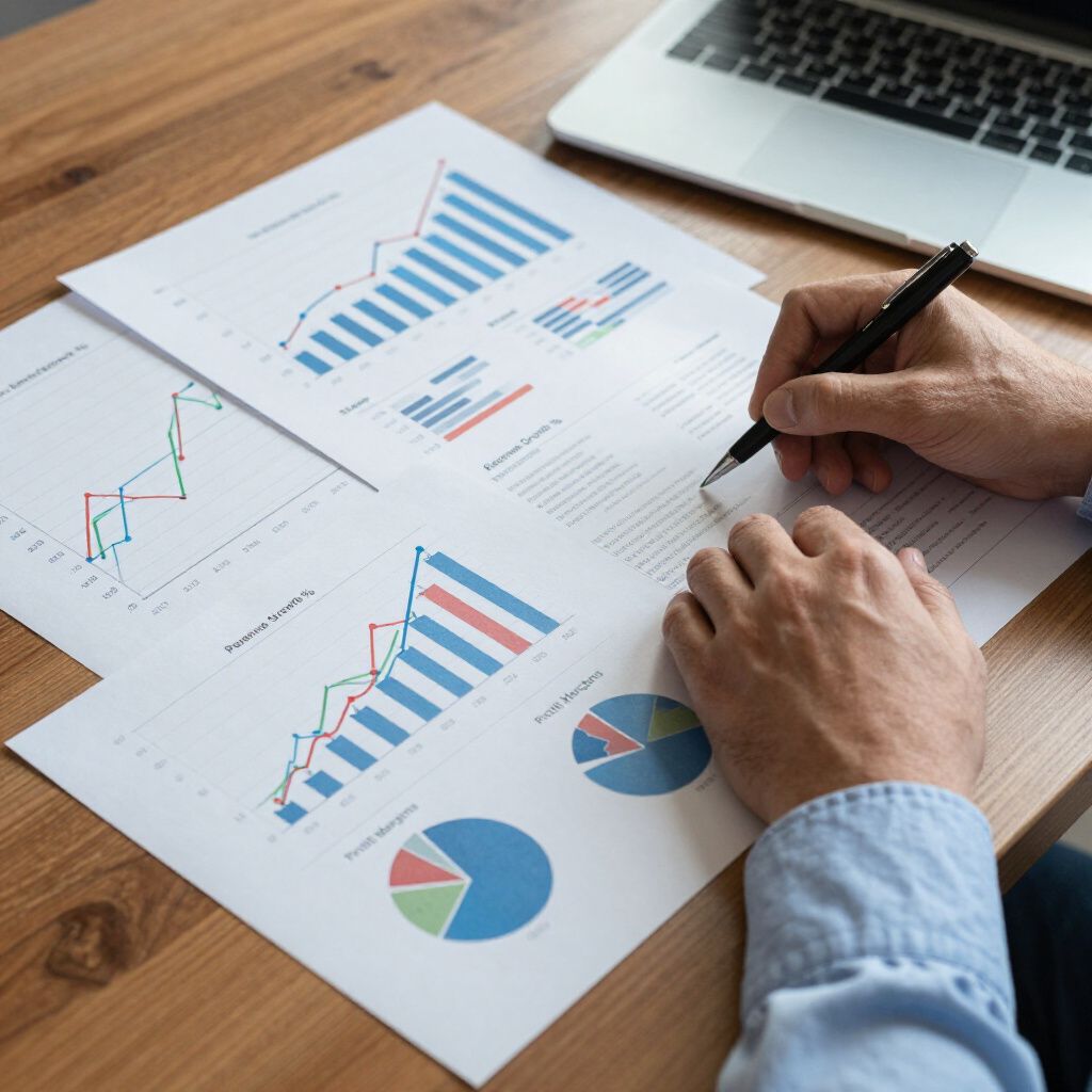 Hands reviewing business charts and graphs on printed reports at a desk with a laptop