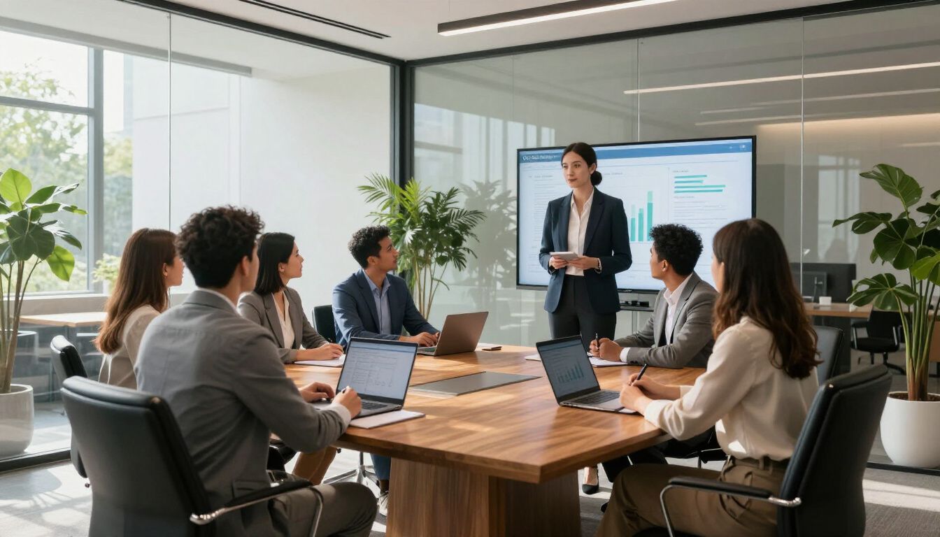 Business meeting in a modern conference room, with a presenter speaking to seated colleagues around a table.