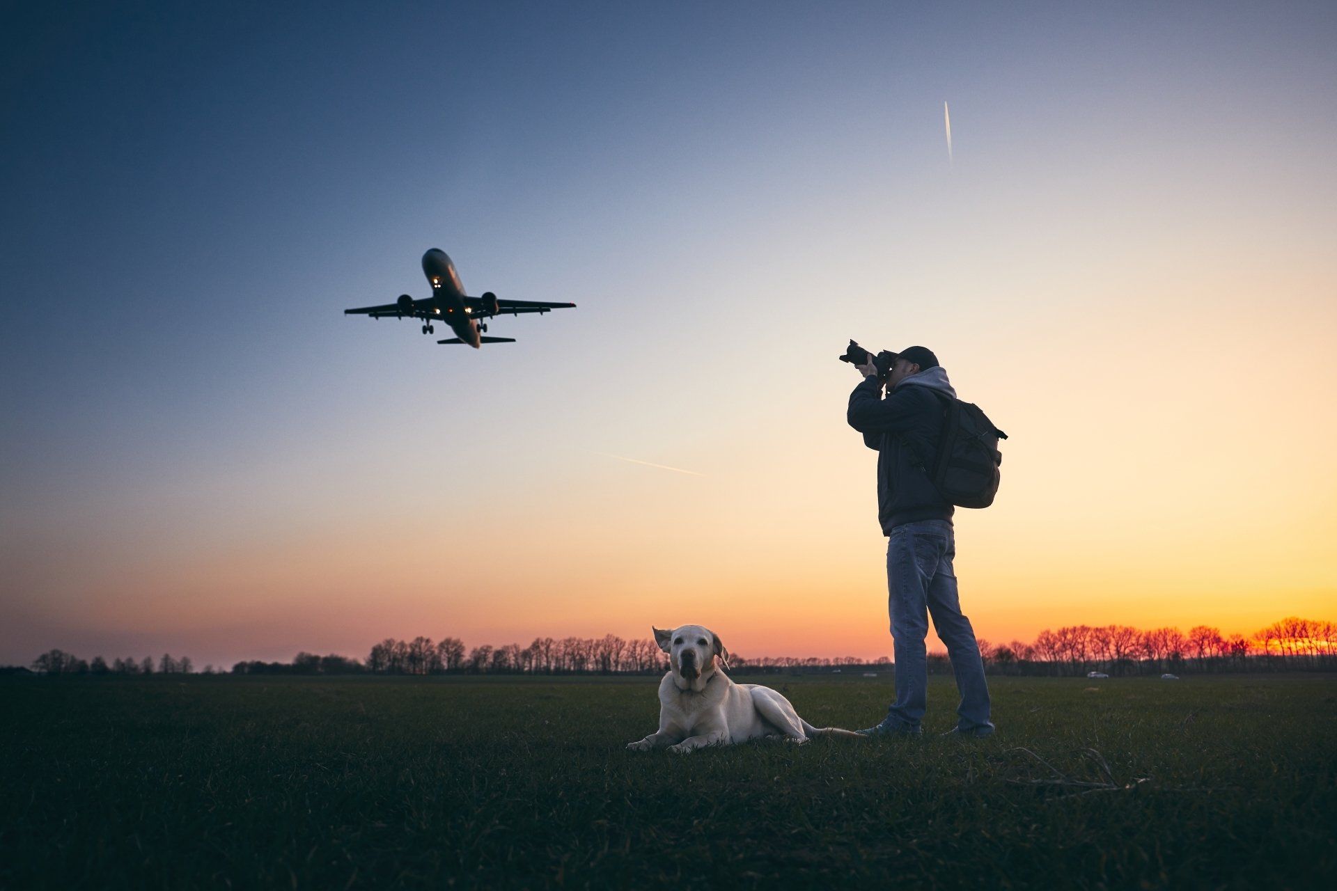 A man is taking a picture of a plane flying over a field with his dog.