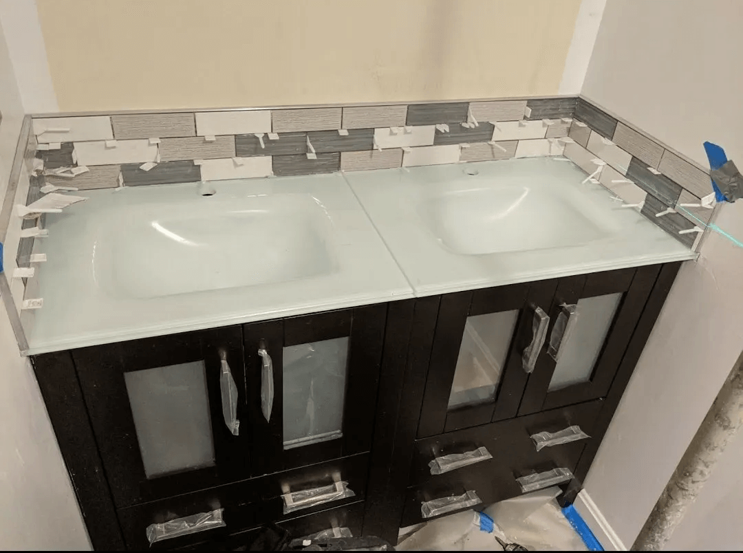 Two Bathroom Sink with Cabinet — Forest, VA — Straight Line Painting & Tile Inc.