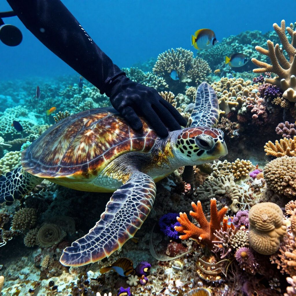 Diver petting a sea turtle in a colorful coral reef, with various fish swimming nearby.