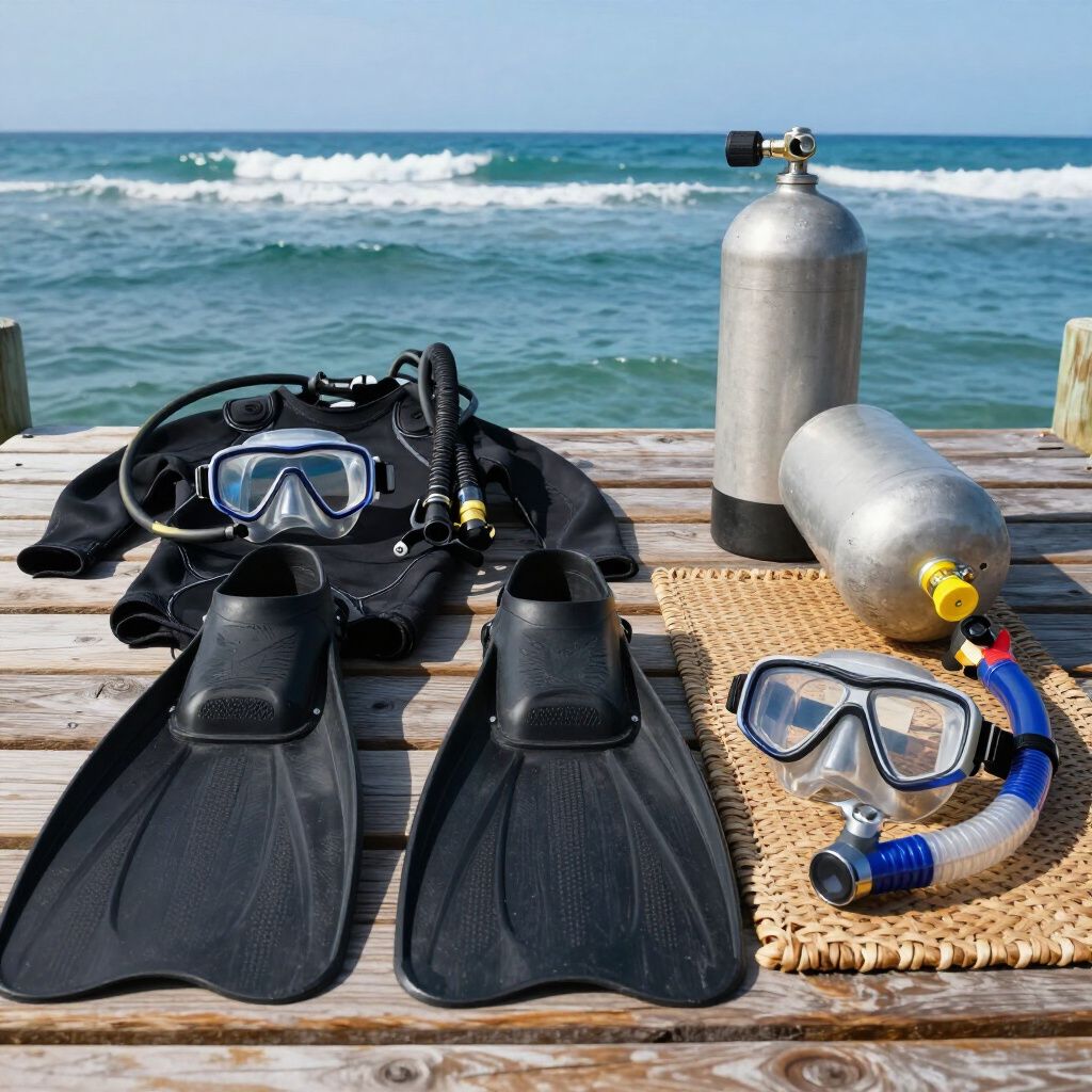 Scuba diving gear on wooden dock overlooking ocean: fins, mask, tanks, wetsuit.