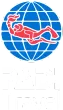 Red diver silhouette over a blue globe grid logo
