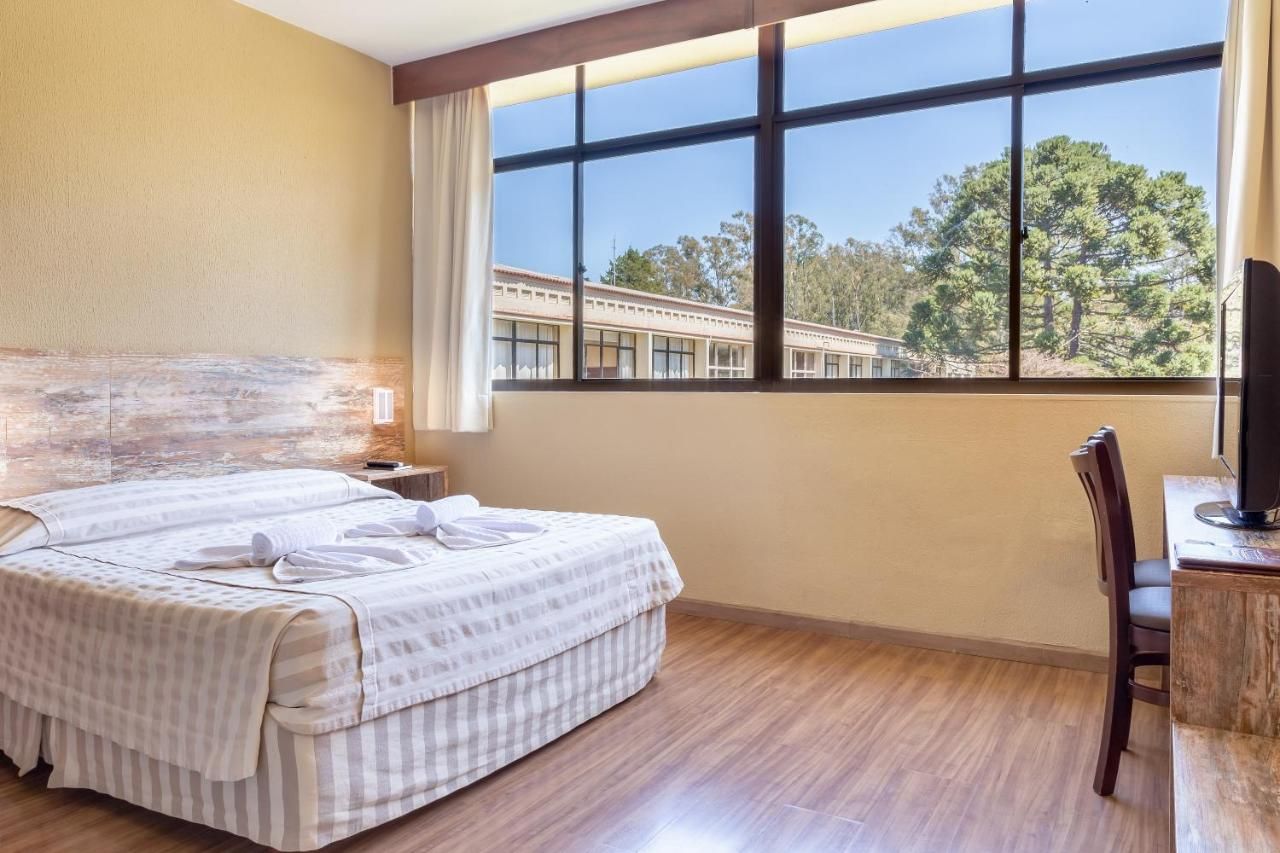 Um quarto de hotel com uma cama, escrivaninha, cadeira e televisão.