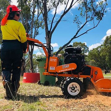 A man is standing in front of a tree stump grinder.