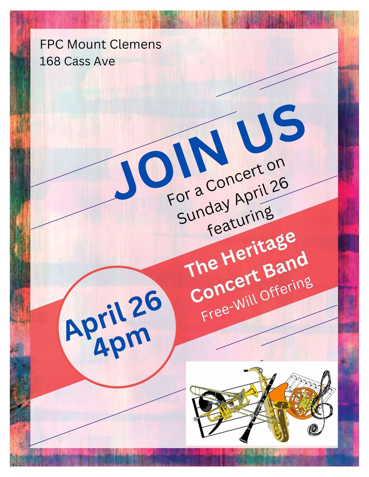 Heritage Concert Band Coming April 26
The final concert of our concert series will be the Heritage Concert Band featuring several members of our congregation. Please join us for this concert on Sunday April 26th at 4pm