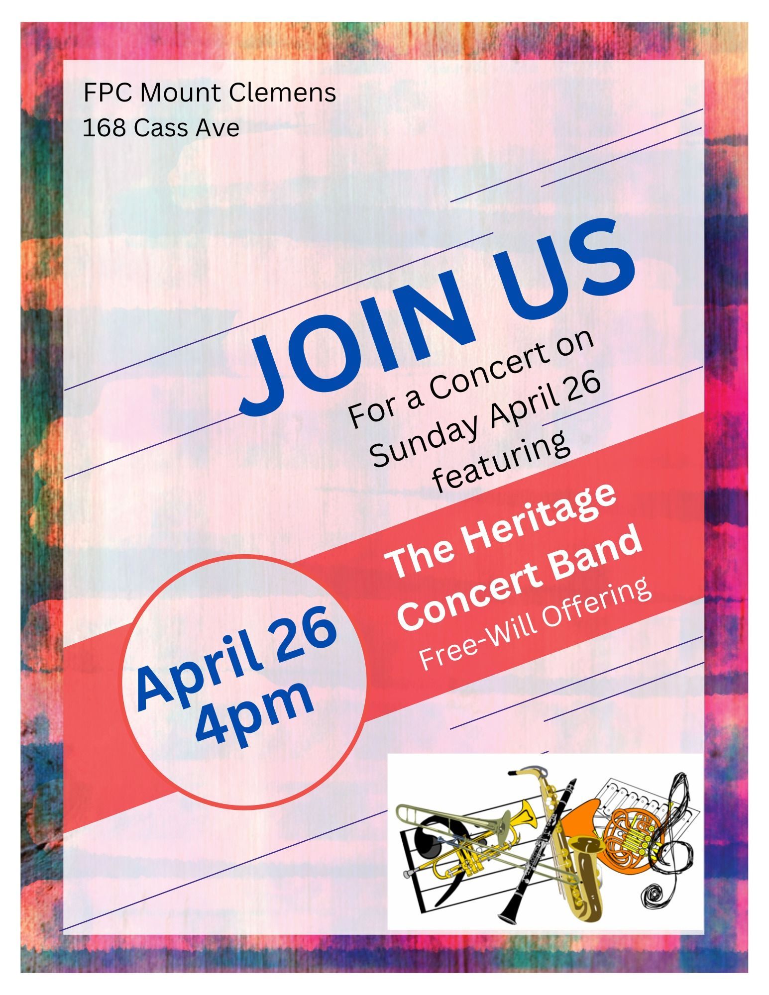 Heritage Concert Band Coming April 26
The final concert of our concert series will be the Heritage Concert Band featuring several members of our congregation. Please join us for this concert on Sunday April 26th at 4pm