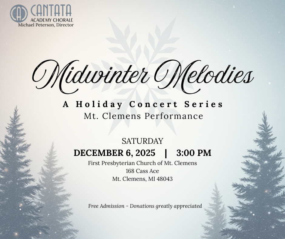 Concert series advertisement: First Presbyterian Church of Mount Clemens, featuring Sara Ball, William Fishwick, and Wes Fishwick.