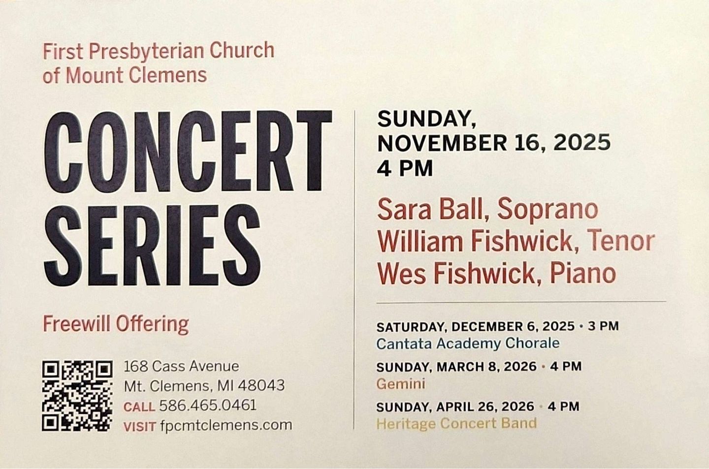Concert series advertisement: First Presbyterian Church of Mount Clemens, featuring Sara Ball, William Fishwick, and Wes Fishwick.