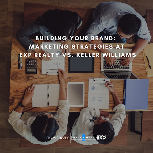 Group of professionals discussing and a text comparing eXp Realty vs. Keller Williams for brand-building.