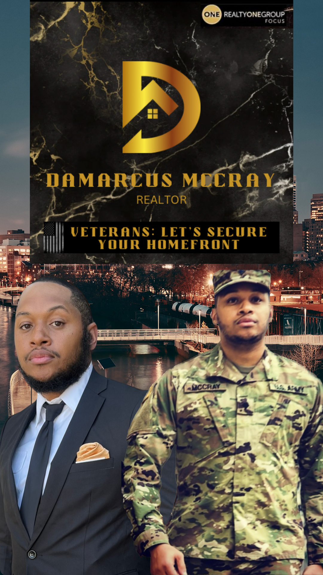 A realtor in a suit stands next to a service member in uniform in front of a city skyline, advertising VA home buying.