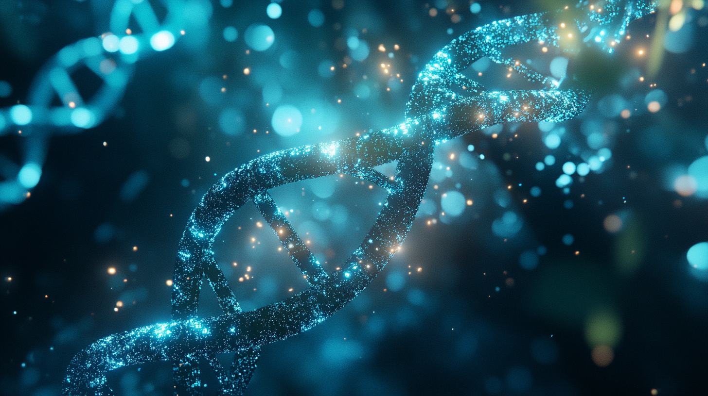 A computer generated image of a dna chain on a blue background.