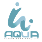 Aqua Clean Services LLC logo. Turquoise abstract water droplet shape over block letters.