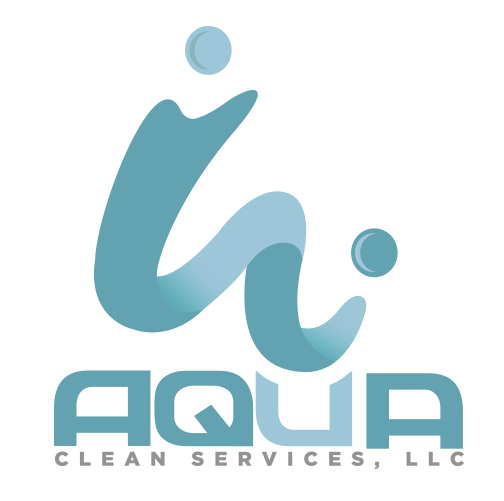 Aqua Clean Services LLC logo. Turquoise abstract water droplet shape over block letters.